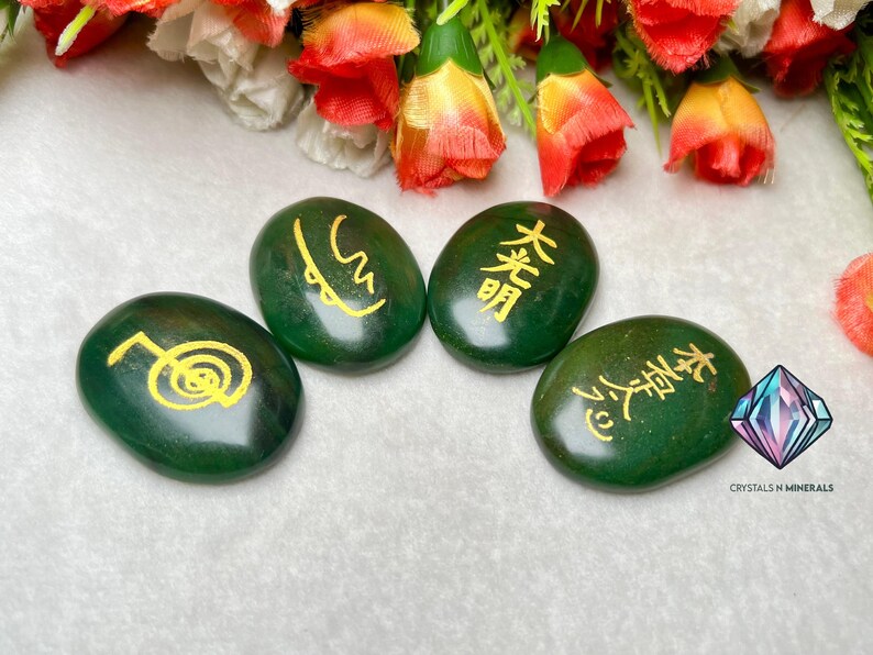 Green Jade Stone 4 Usui Reiki Symbol Engraved Oval Shape Stone image 6
