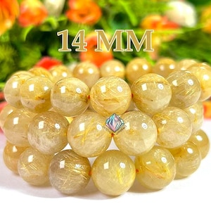 14 MM Golden Rutilated Quartz Bracelet: Unisex Stretchable Stone