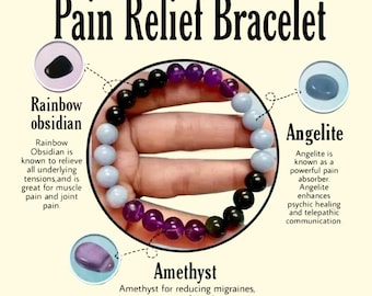 May include: A Pain Relief Bracelet featuring a variety of gemstones. The bracelet includes rainbow obsidian, amethyst, and angelite beads. The image includes text describing the properties of each stone. The bracelet is designed to help with pain relief.