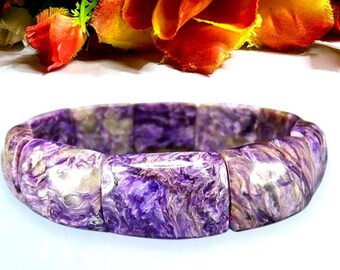 15 MM Charoite Stone Rectangle Shape Bracelet l Stretchable Bracelet