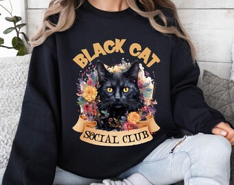 Black Cat Social Club, Black Cat Sweatshirt, Black Cat Mom Gift, Cat Mom Gift, Spooky Cat Sweater, Halloween Cat Shirt, Cat Lover Crewneck