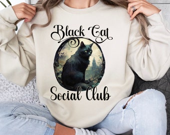 Black Cat Social Club, Black Cat Sweatshirt, Black Cat Mom Gift, Cat Mom Gift, Spooky Cat Sweater, Halloween Cat Shirt, Cat Lover Crewneck