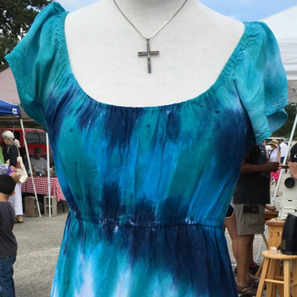 Tie Dye Peasant Dress in Seafoam Blues