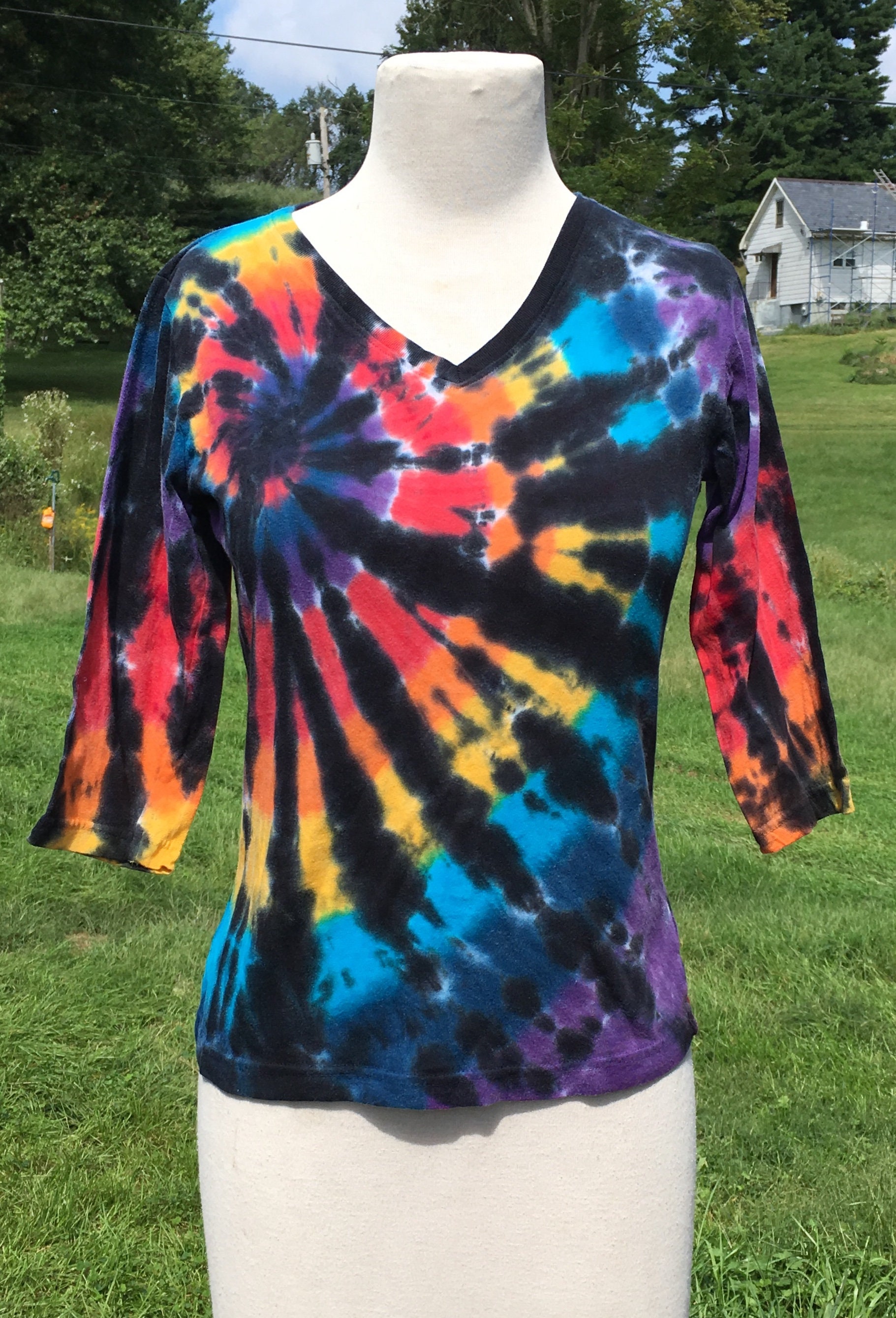 Tie Dye T Shirt Ladies
 Tie Dye T Shirt Women s 3 4 Sleeve V neck Black Rainbow Etsy
