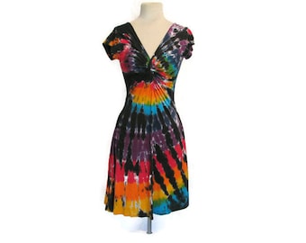 Tie Dye Twisted Front Tee Dress in Black Rainbow