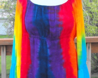 Tie Dye Rainbow Women's Peasant Top with Tier Sleeves