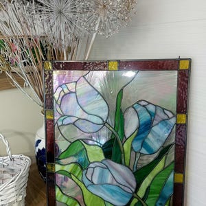blue shiny tulips stained glass panel gifts Custom stained glass panel flowers window hangings Stained glass suncatch tulips