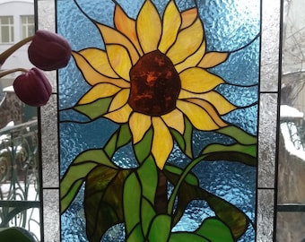 Panel de vitral Girasol amarillo Panel de vitral Arte en vidrio Atrapasueños Hecho a mano Regalo de vidrio coloreado Decoración del hogar Decoración de ventanas