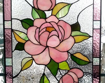 peony flover pink piony Stained glass panel Suncatchers Handcrafted glass gift home decor window decor Colorful Flowers stained glass panel
