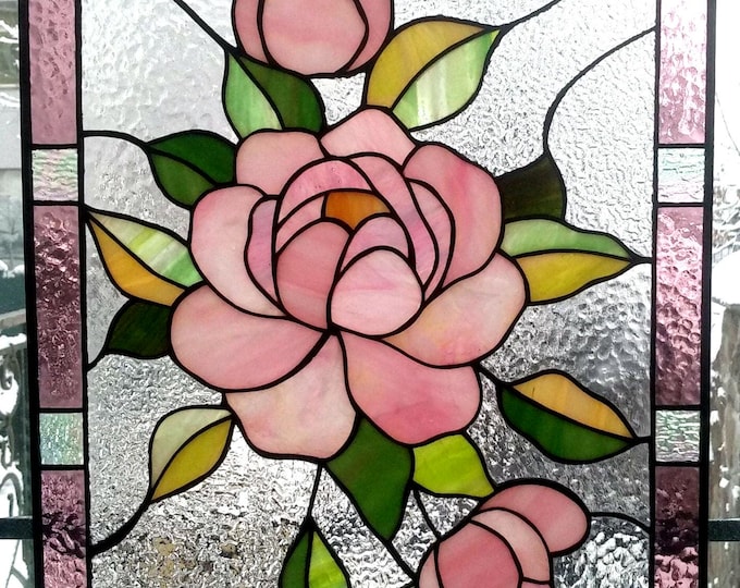 peony flover pink piony Stained glass panel Suncatchers Handcrafted glass gift home decor window decor Colorful Flowers stained glass panel