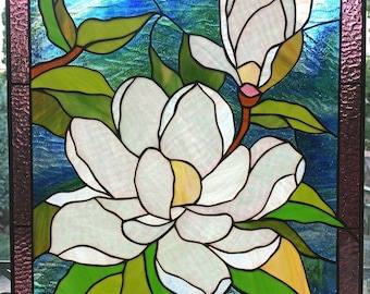 White magnolia stained glass panel gifts Custom stained glass panel white flowers window hangings Stained glass suncatchers big size panel