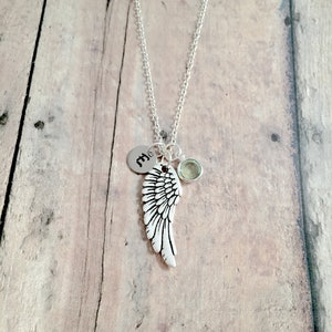 Angel Wing Initial Necklace: Pewter Charm, Birthstone Pendant