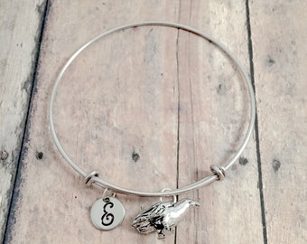 Raven Initial Bangle: Blackbird Jewelry, Crow Bracelet
