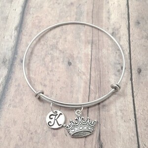 Crown initial bangle - crown jewelry, pageant jewelry, princess jewelry, pageant gift, silver crown pendant, pageant bangle, crown bracelet