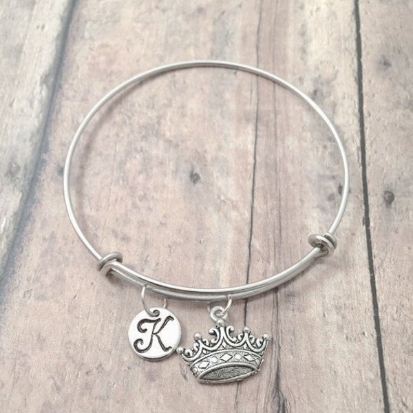 Crown initial bangle - crown jewelry, pageant jewelry, princess jewelry, pageant gift, silver crown pendant, pageant bangle, crown bracelet
