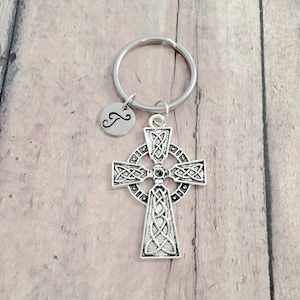 Celtic Cross Initial Key Ring: Hand-Stamped Stainless Steel Pendant