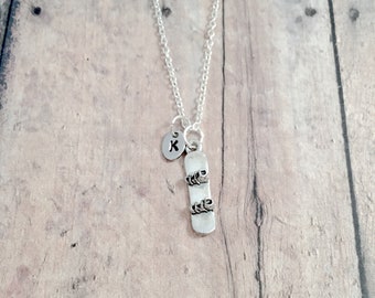 Snowboard Initial Necklace: Winter Sports Jewelry, Snowboarder Gift