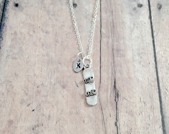 Snowboard Initial Necklace: Winter Sports Jewelry, Snowboarder Gift