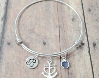 Anchor initial bangle - anchor jewelry, nautical jewelry, sailing jewelry, anchor bangle, nautical bracelet, anchor gift, sailing bracelet