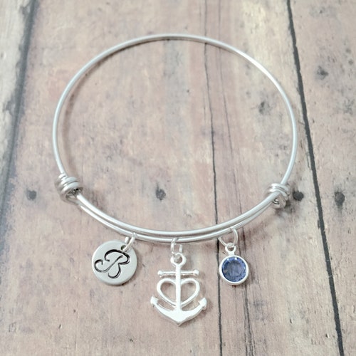 Anchor Initial Bangle: Nautical Jewelry, Sailing Bracelet