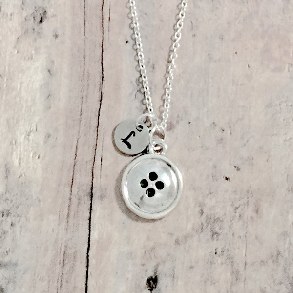 Button initial necklace - button jewelry, sewing jewelry, seamstress jewelry, sewing necklace, button necklace, seamstress necklace