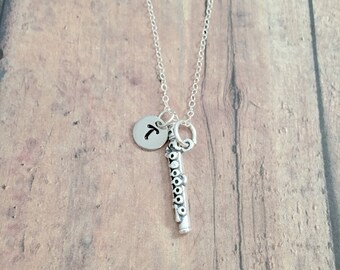 Flute initial necklace (sterling silver) - flute jewelry, music jewelry, band jewelry, flute necklace, flute gift, band gift, music gift