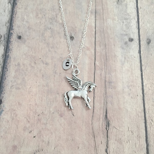 Pegasus initial necklace - pegasus jewelry, flying horse jewelry, fairy tale jewelry, pegasus necklace, pegasus gift, mythology jewelry