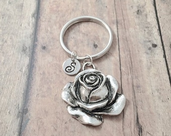 Rose initial key ring - rose keychain, rose accessories, flower key ring, gardener key ring, rose key ring, flower key chain, rose gift