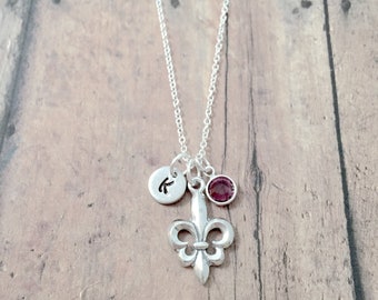 Fleur-de-lis birthstone initial necklace - fleur de lis jewelry, Louisiana jewelry, New Orleans jewelry, fleur-de-lis gift, Louisiana gift