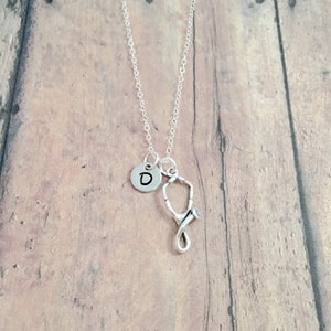 Stethoscope initial necklace (sterling silver) - stethoscope jewelry, medical jewelry, nurse jewelry, stethoscope necklace, medical gift