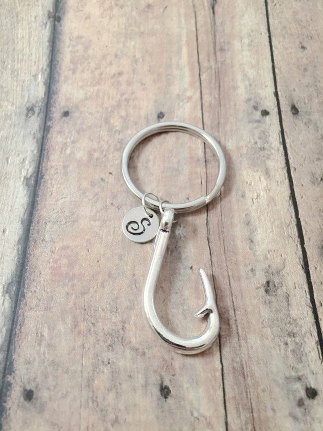 Fish Hook Initial Key Ring Fish Hook Key Chain, Fisherman Key Ring, Silver Fishing Hook Keyring