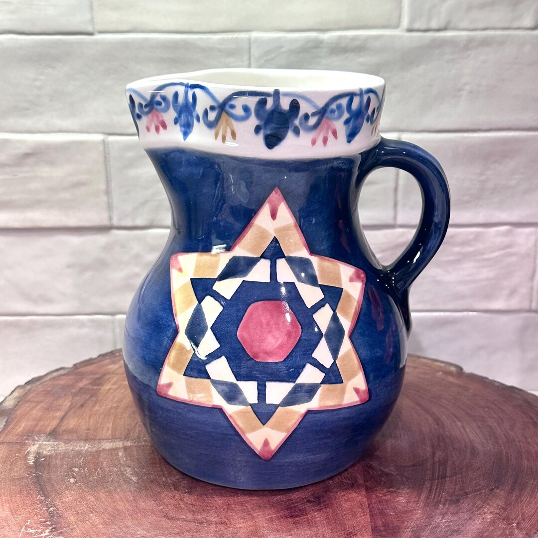 Simple Gate Pitcher Laurie Gates Pitcher 2002 Blue Geometric Star Ceramic Jug USA Hand ...
