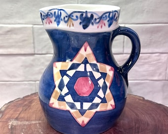 Laurie Gates Pitcher 2002 Blue Geometric Star Ceramic Jug USA Hand Painted Style Vintage