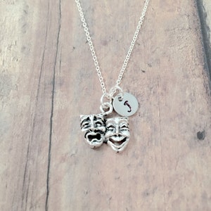 Drama mask initial necklace - drama mask jewelry, theater jewelry, comedy tragedy jewelry, theatre necklace, drama mask necklace, actor gift