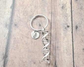 DNA double helix initial key ring - DNA key chain, science key ring, forensics key ring, genetics key chain, lab key ring, DNA key ring