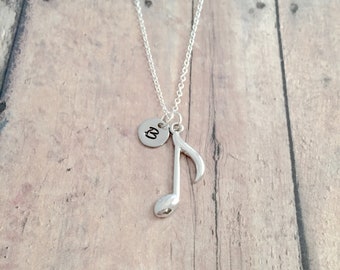 Music note initial necklace - music note jewelry, eighth note jewelry, band jewelry, music teacher gift, music note necklace, music gift