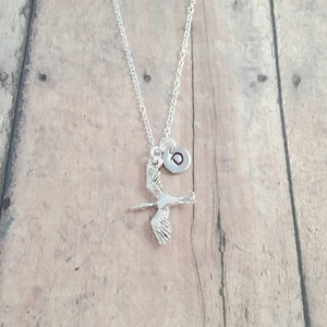 Crane initial necklace - crane jewelry, heron jewelry, bird jewelry, crane necklace, heron necklace, crane gift, heron gift, bird necklace
