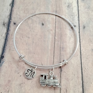 Train engine initial bangle - train jewelry, steam engine jewelry, railroad jewelry, locomotive jewelry, train bracelet, train bangle