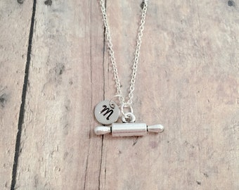 Rolling pin initial necklace - rolling pin jewelry, baking jewelry, chef jewelry, rolling pin necklace, chef necklace, rolling pin pendant
