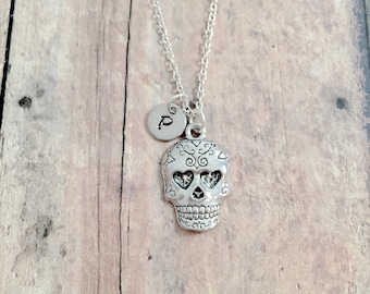 Sugar Skull Initial Necklace: Calavera Jewelry, Day of the Dead Necklace