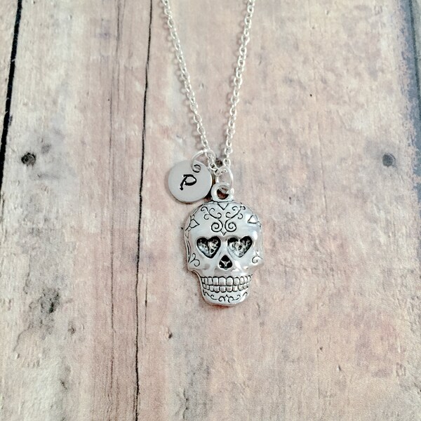 Sugar Skull Initial Necklace: Calavera Jewelry, Day of the Dead Necklace