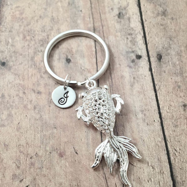 Koi fish initial key ring - koi fish key ring, silver koi fish key chain, goldfish key ring, Asian fish keychain, Japanese fish key ring