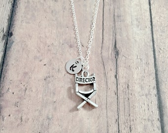 Director's chair initial necklace - director's chair jewelry, movie jewelry, film student jewelry, movie necklace, director's chair gift