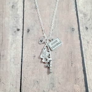 Gone Fishing Initial Necklace: Fish & Pole Jewelry, Outdoors Necklace