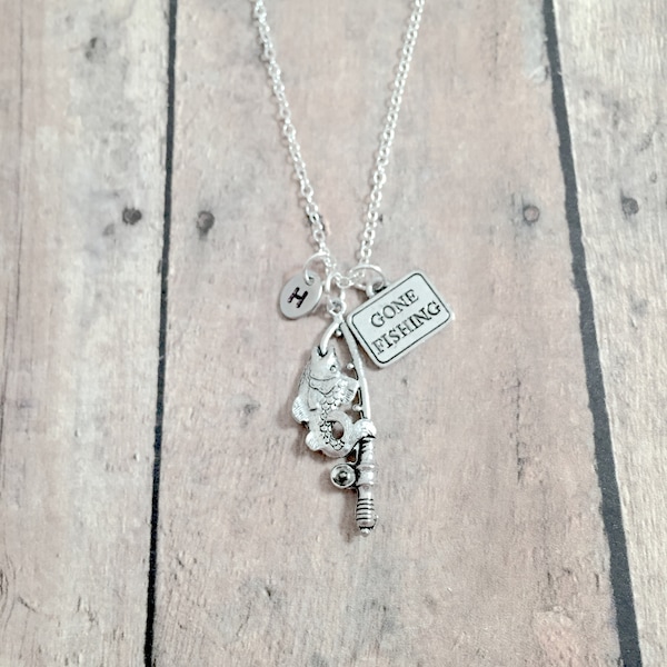 Gone Fishing Initial Necklace: Fish & Pole Jewelry, Outdoors Necklace