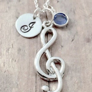 Treble clef initial necklace with birthstone treble clef jewelry, music jewelry, music teacher gift, treble clef necklace, music gift image 2
