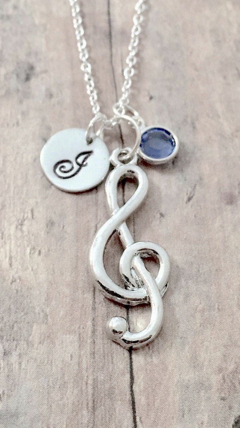 Treble clef initial necklace with birthstone treble clef jewelry, music jewelry, music teacher gift, treble clef necklace, music gift image 2