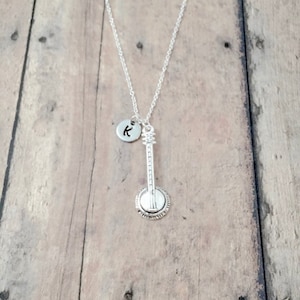 Banjo initial necklace - banjo jewelry, folk music jewelry, music instrument jewelry, banjo necklace, music jewelry, banjo gift, music gift