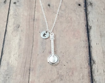 Banjo Initial Necklace: Music Jewelry, Bluegrass Necklace