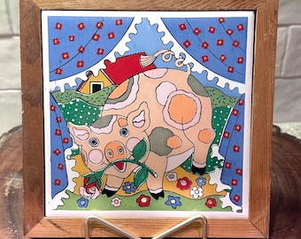 Vintage Gailstyn Sutton Pig Tile Framed Taiwan Country Farm Folk Art